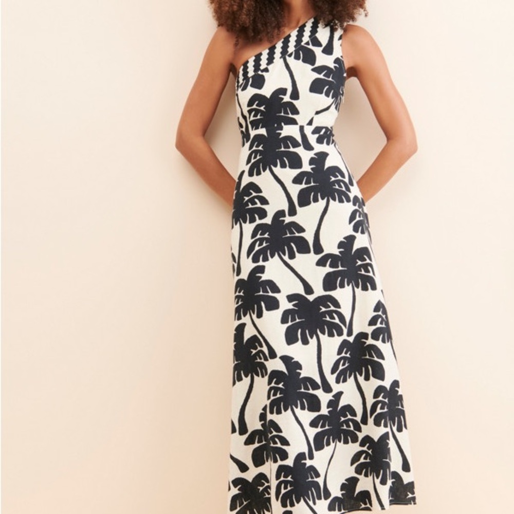 FARM Rio One-Shoulder Linen Palm Tree Dress Sz Large